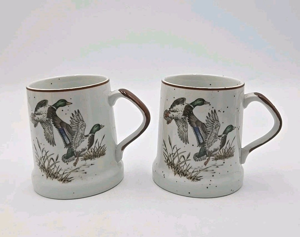 VTG Otagiri Goose Coffee Mugs Set of 2 Speckled Stoneware Farmhouse Waterfowl