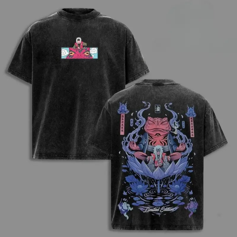 Jiraiya Vintage Washed T-Shirt, Double Sided Unisex Streetwear Tee, Anime Graphi