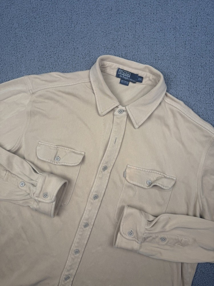 Vintage Polo Ralph Lauren Shirt Mens 2XL Tan Flannel Work Flap Pockets Flaw