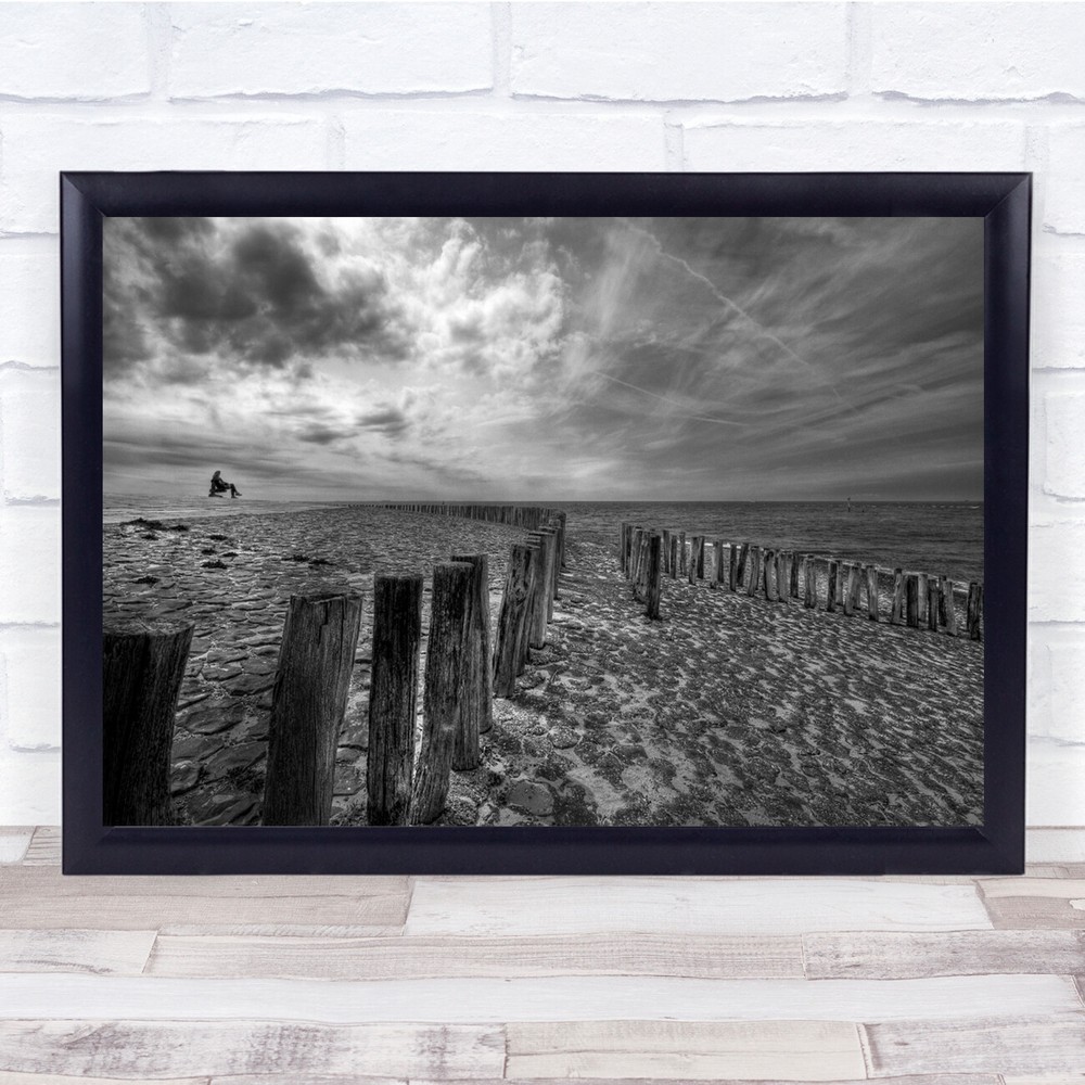 Beach Sea Poles Sand Coast Shore Ocean Landscape Black White Wall Art Print