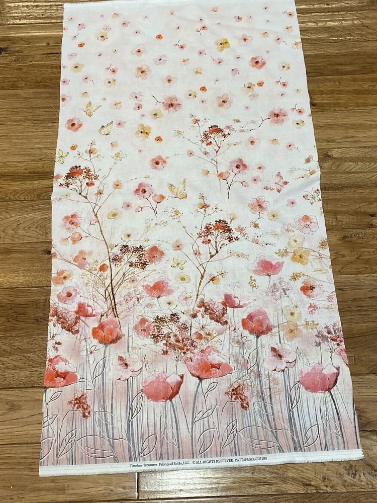 FLORAL STUDY flowers & Butterflies cotton Fabric Panel 24 x 44