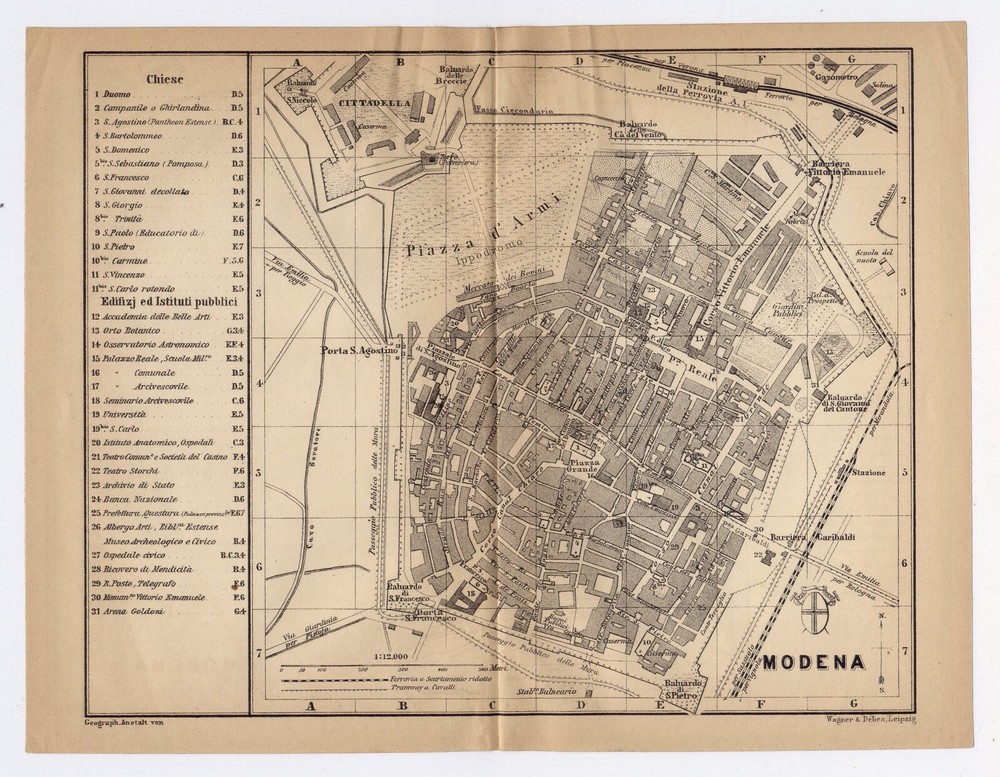 1899 Original Antique City Map Of Modena / Emilia-Romagna / Italy