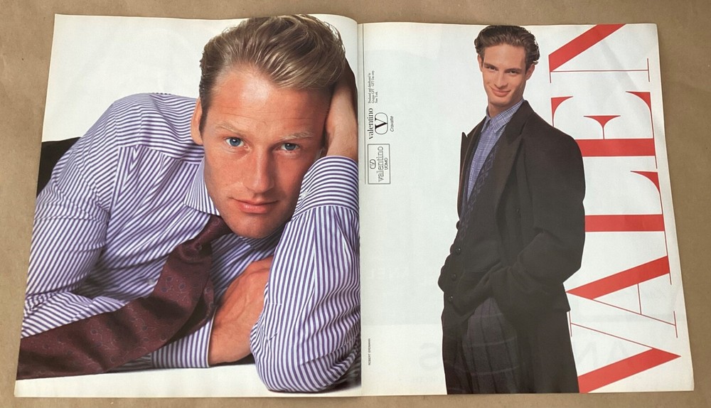 Valentino print ad 1987 orig vintage 1980s men’s fashion suits promo art advert