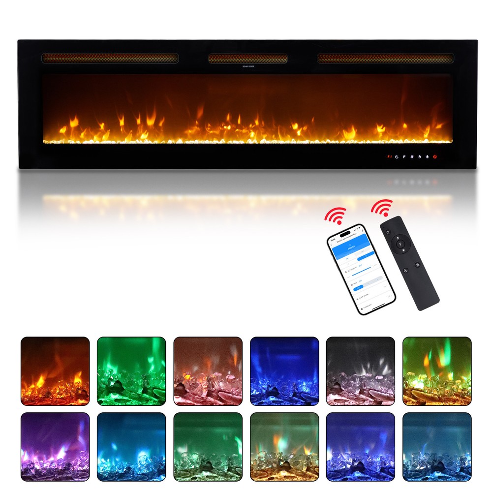 Wifi Electric Fireplace 36''-60'' 1500W Wall Mounted Freestand Fireplace Heater
