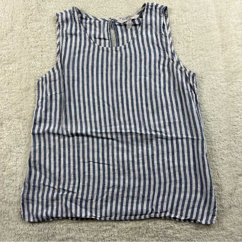 Ellen Tracy Linen Blend Striped  Tank Top Blue White Casual Women's Size Large