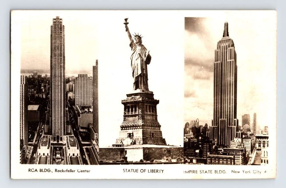 Postcard RPPC New York Statue Liberty Empire State RCA Building 1945 Posted