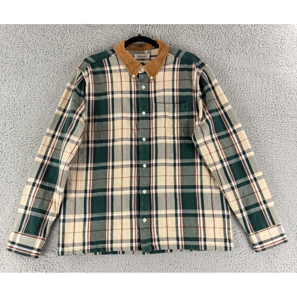 Madewell Flannel Shirt Mens Medium Green Plaid Corduroy Collar Easy Fit Casual