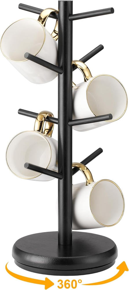 Coffee Mug Tree 360 Rotated Mug Holder 8 Hooks Wooden Coffee Cup Holder Upgraded