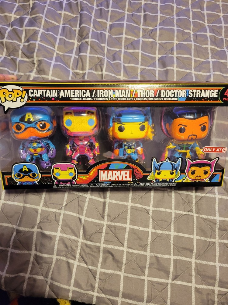 Funko Pop Marvel 4 Pack Black Light Captain America Iron Man Thor Doctor Strange