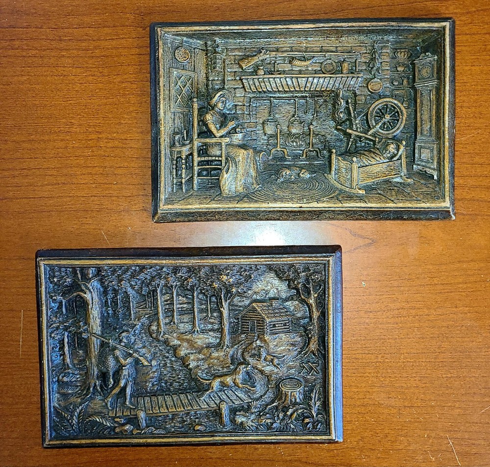 Carved Resin 3D Art Set Of 2 Country Scene Plaques Folk Art Wall Diorama.