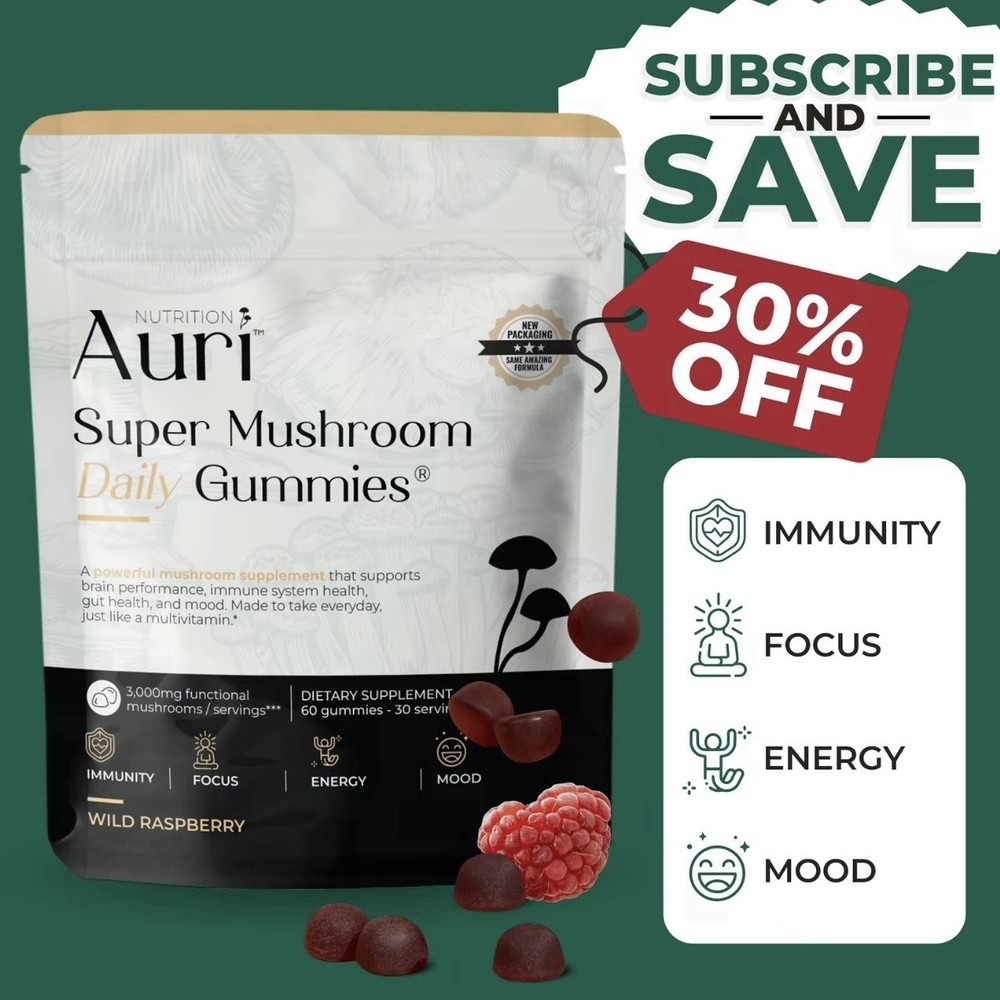 Auri Nutrition Super Mushroom Daily Gummies Wild Raspberry 60 Gummies