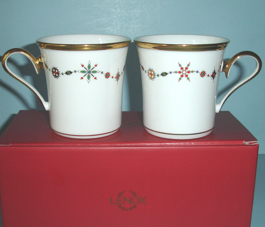 Lenox Eternal White Christmas Accent Mug 2-PC Gold/Multicolor Trim USA New Boxed-image