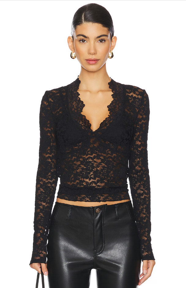 FREE PEOPLE x Intimately FP All Day Lace Long Sleeve Top In Black (NEW)