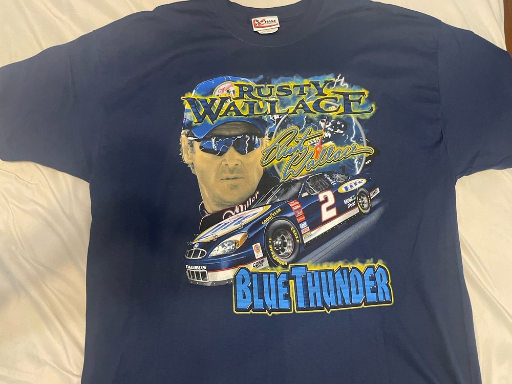 Rusty Wallace Vintage  NASCAR T-Shirt Miller Lite Racing Size XXL 2X Blue Tee