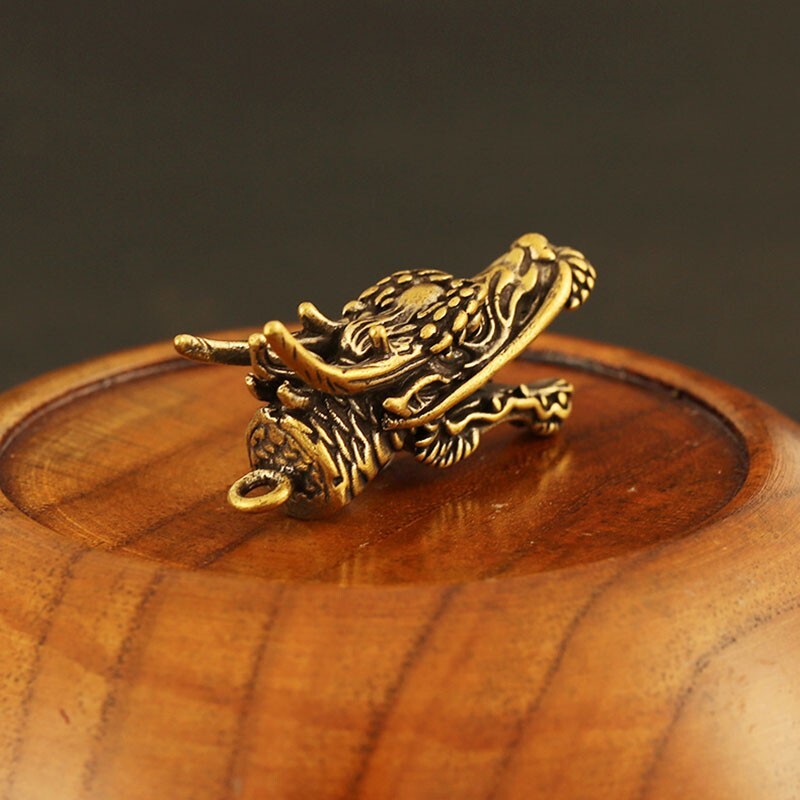 Pure Brass Mini Dragon Head Keychain Pendant Keyring Jewelry Ornament Craft Gift