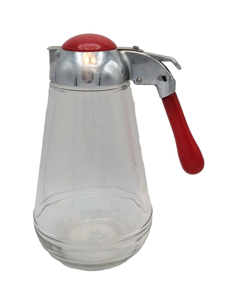Glass Syrup Dispenser Red Bakelite Handle And Top Stamped E1269 Pancakes Vintage