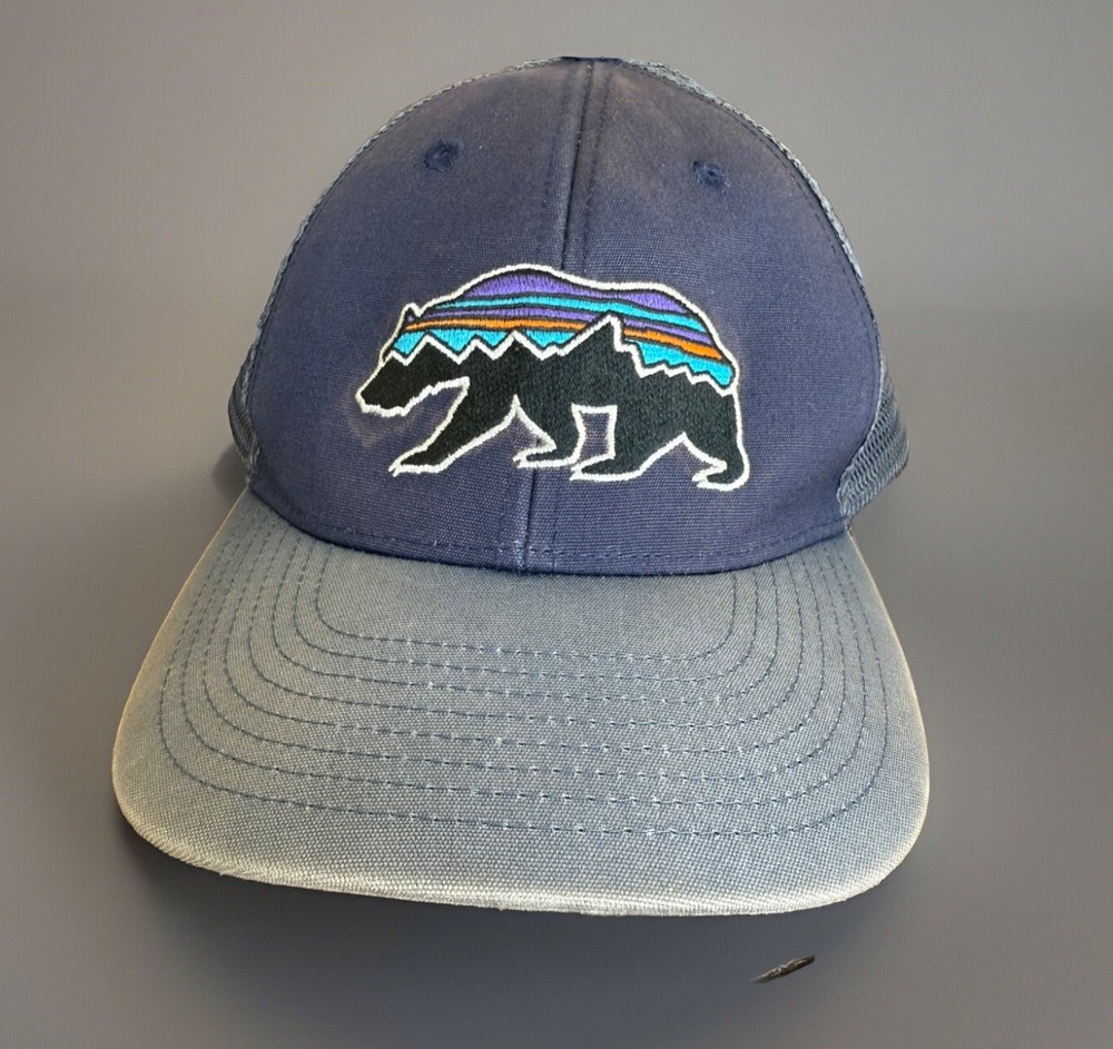 Patagonia Fitz Roy Trucker Hat Cap Youth Blue Gray Snap Back Bear Kids