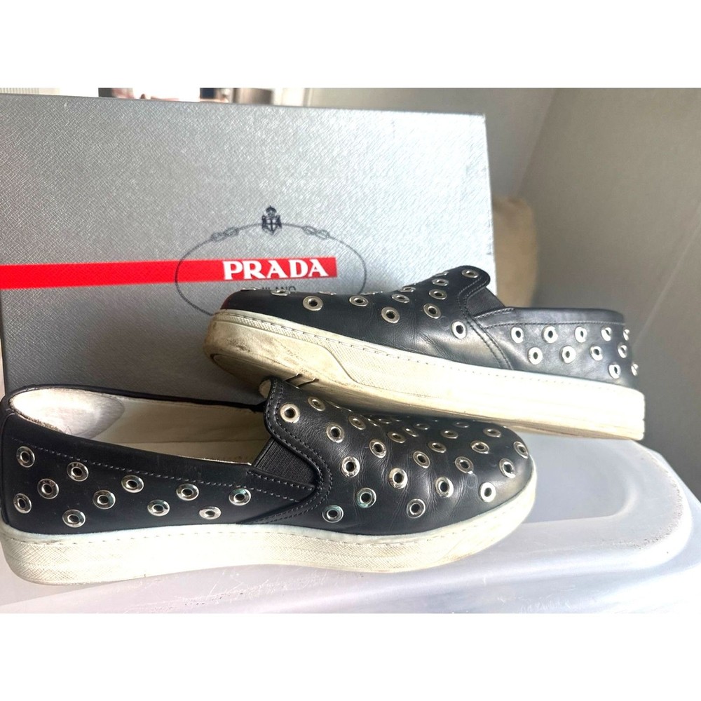 Prada Studded Leather Slip On Sneakers Black Size 39