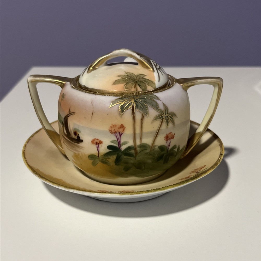 Vintage Nippon Hand Painted Covered Sugar Bowl Island Scene Palms w/ spoon plate