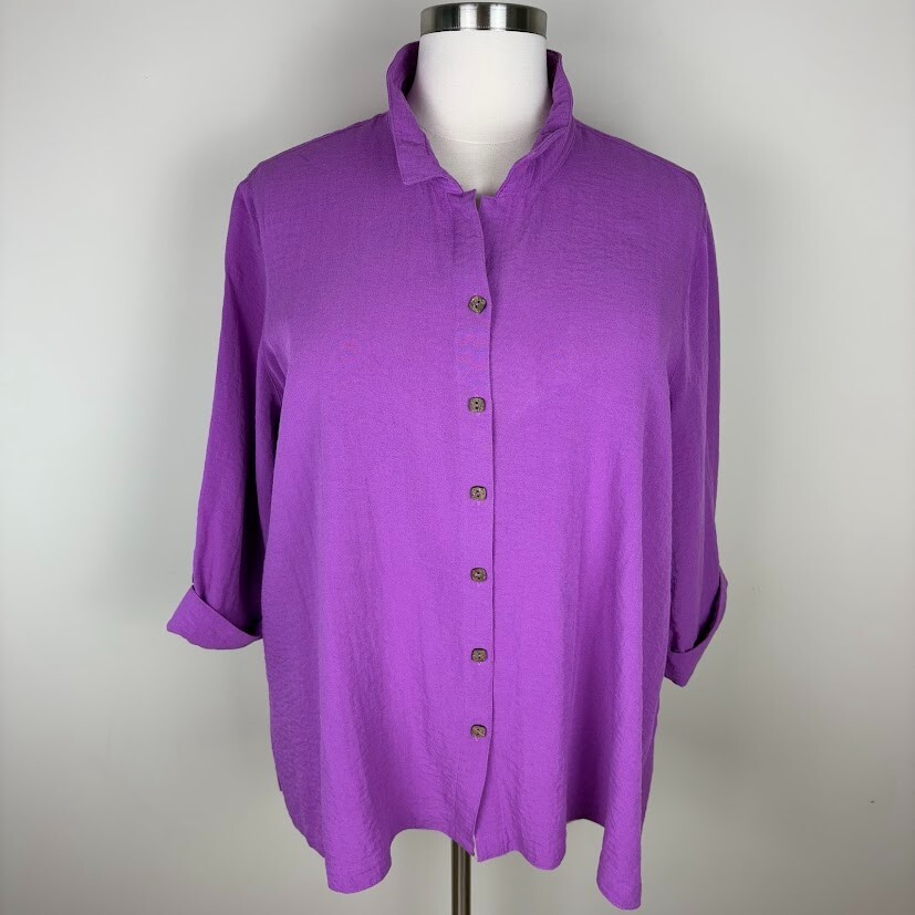 John Mark Fuchsia Tunic Top Button Front Size 2X 3/4 Sleeves Relaxed Fit Artsy