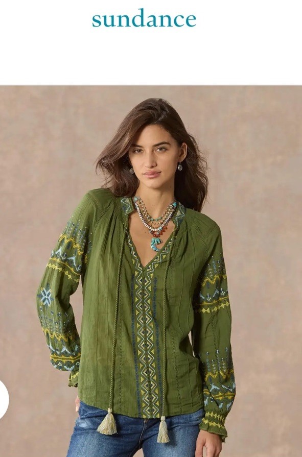 NEW SUNDANCE LIVING CATALOG Women’s Embroidered TOTORA Green Long Sleeve Top XS