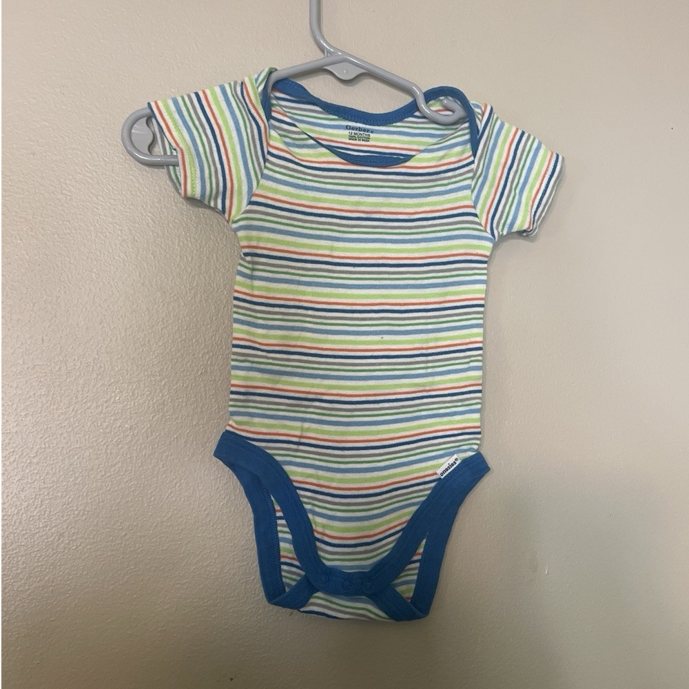 Gerber Baby Bodysuit 12M Multicolor Blue Striped Short Sleeve Knit Snap
