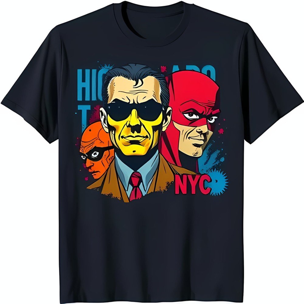 Comic Book Style Graphic T-Shirt Three Colorful Characters NYC Theme Dark Blue