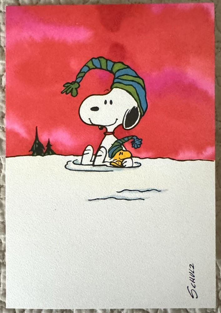 Unused Christmas Snoopy Woodstock Peanuts Sit Snow Vtg Greeting Card 1950s 1960s