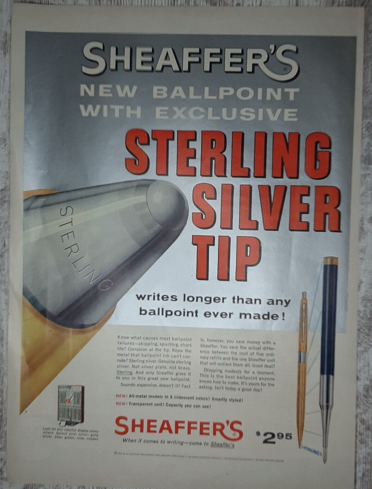 1957 Sheaffer's Pens Vintage Print Ad Ball Point Sterling Silver Writing Tip