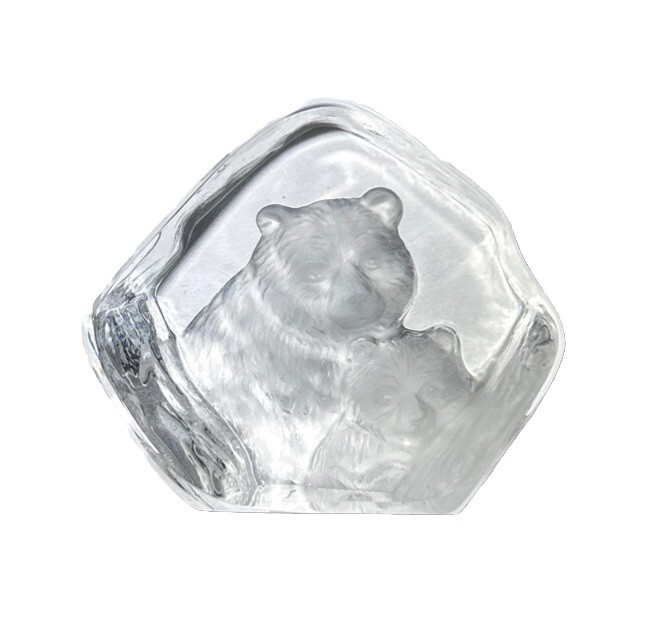 Vtg Lead Crystal Bear And Cub Paperweight  3D Etched Carved Black Light Grizzly