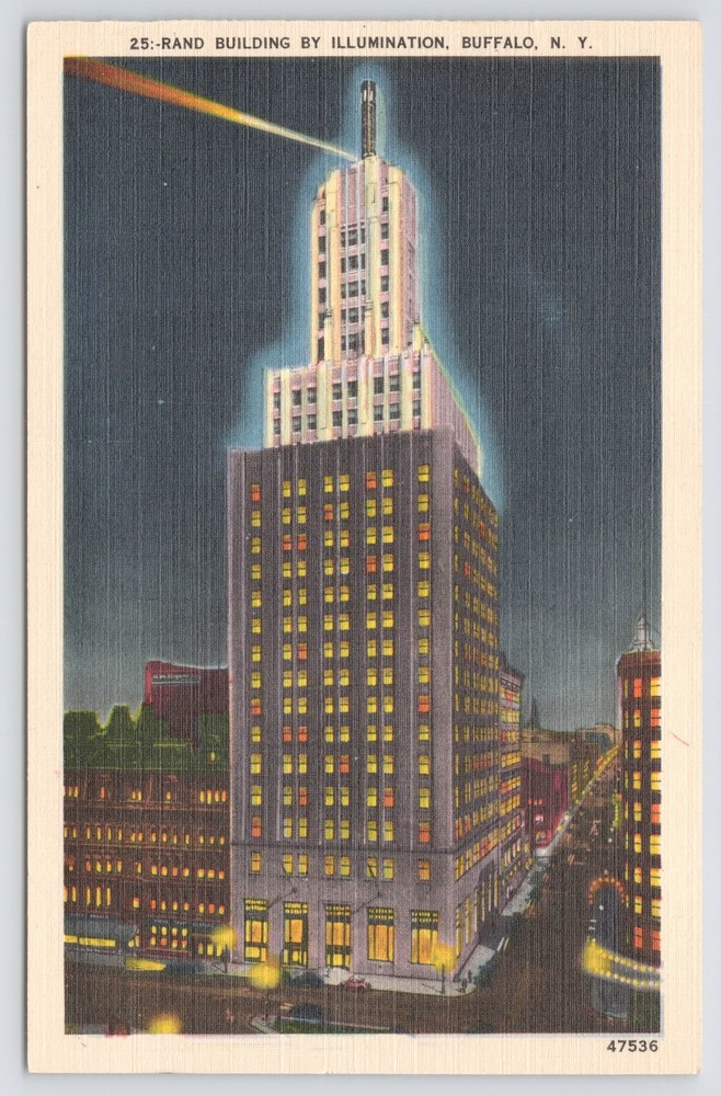 Linen~Rand Building At Night Buffalo New York~Vintage Postcard