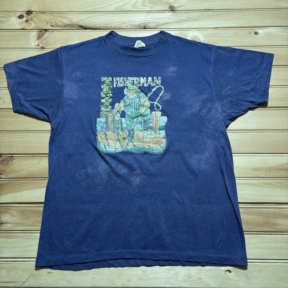 True Vintage 70s Texas Fishermen Funny Comic Armadillo Faded Shirt - Size Large