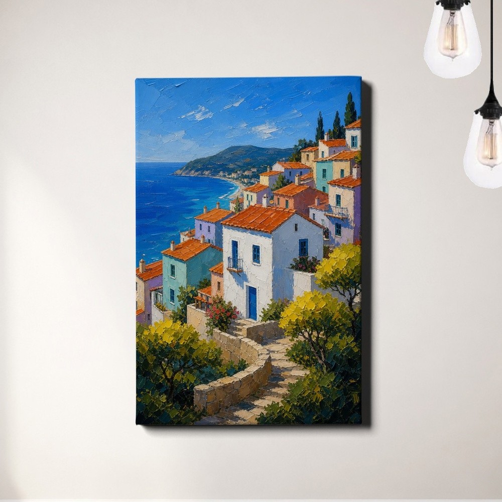 Mediterranean Village Wall Art Colorful Coastal Houses Landscape