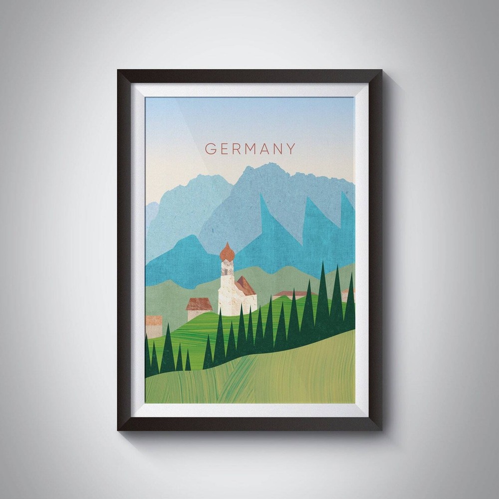 Germany Minimal Travel Poster Bavarian Alps Bavaria German Wall Art Print Black