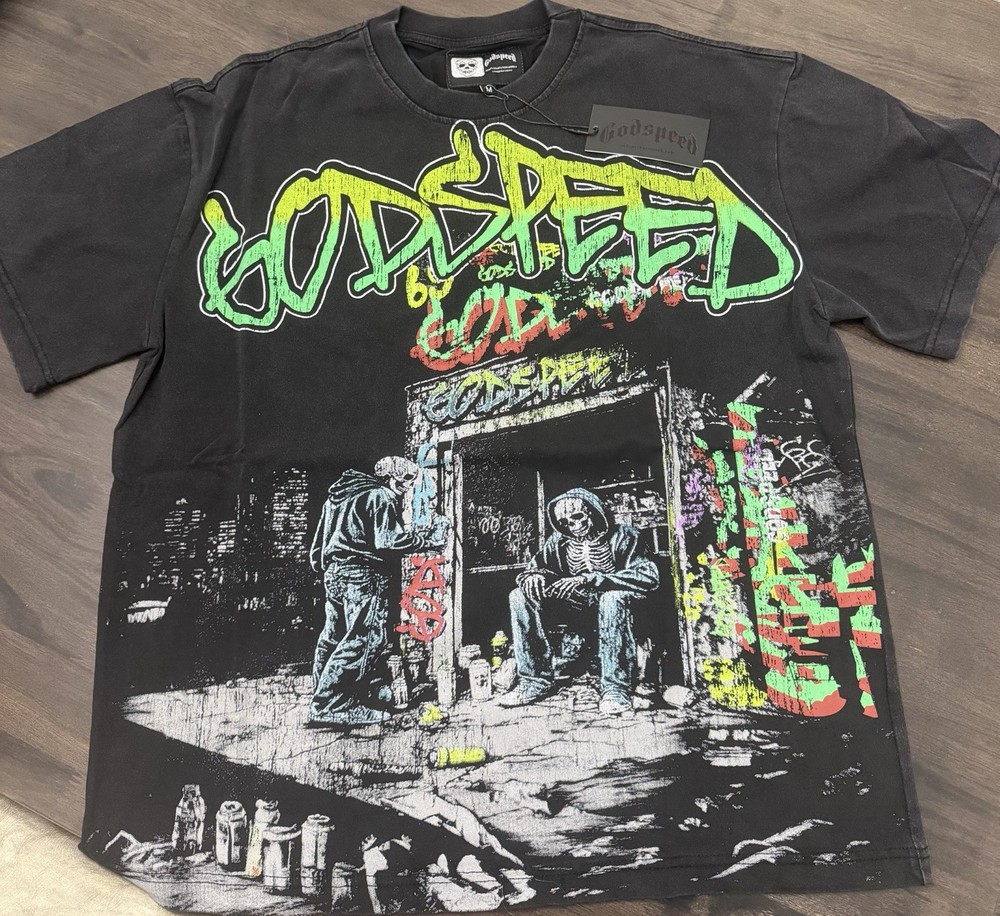 Godspeed Men's Graphic Print Logo T-Shirt Black Short Sleeve Crew Neck Size M