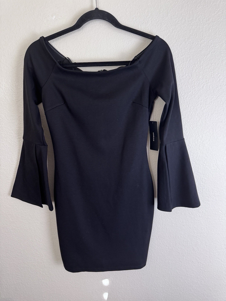 Lulus S Black Solid Boat Neck Mini Bodycon Dress Bell Long Sleeve Zip Stretch