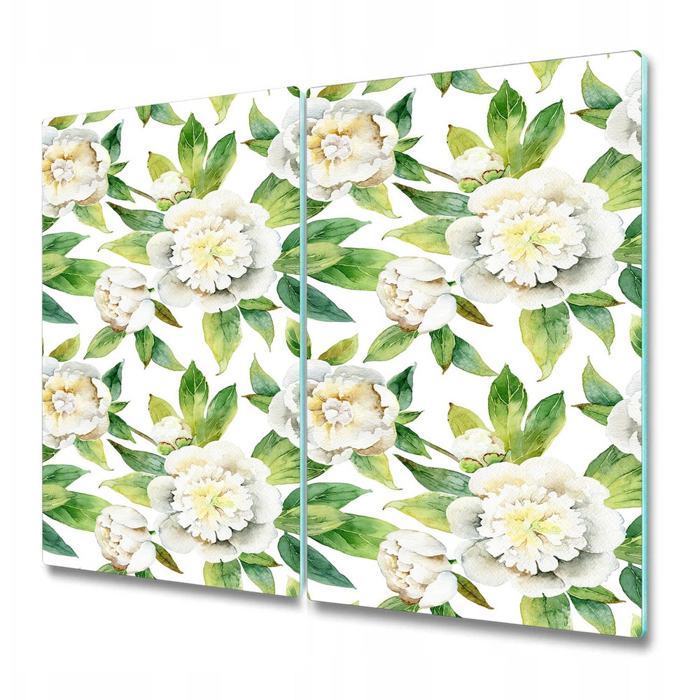 Glass Worktop Saver Utensil Board Elegant white peonies Watercolour 2x30x52