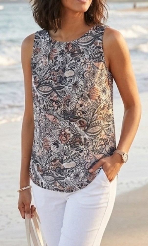 Loft Floral Paisley Sleeveless Blouse Tank Black Pink Gray White Size S