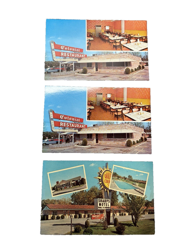 Vtg LaFollette TN Postcards - Sharp’s Motel, Colonial Restaur-Lot of 3 UNPOSTED
