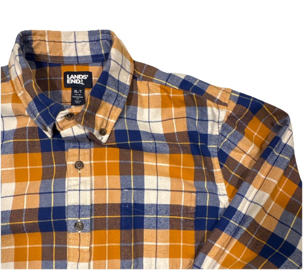 Lands' End Men's XL/T Traditional Fit Plaid Flannel Shirt Orange Blue