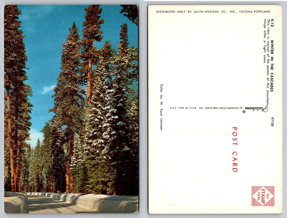 Winter in the Cascades Mountain Pass K-13 Vintage Plastichrome Postcard