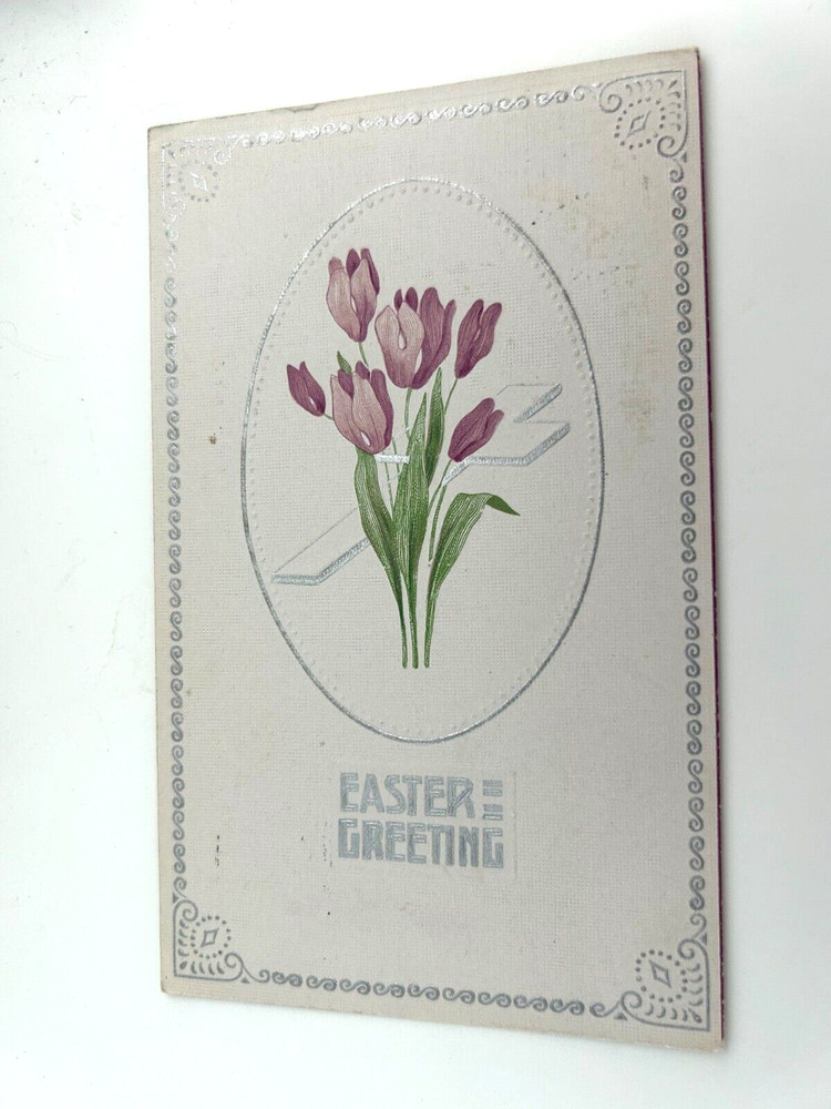 Easter Greetings Purple Flowers and Cross Theme Postcard