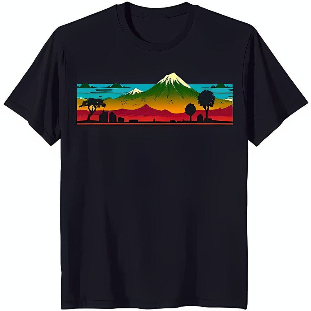 Men's Dark Blue T-Shirt with Mountain Range Sunset Graphic & Trees