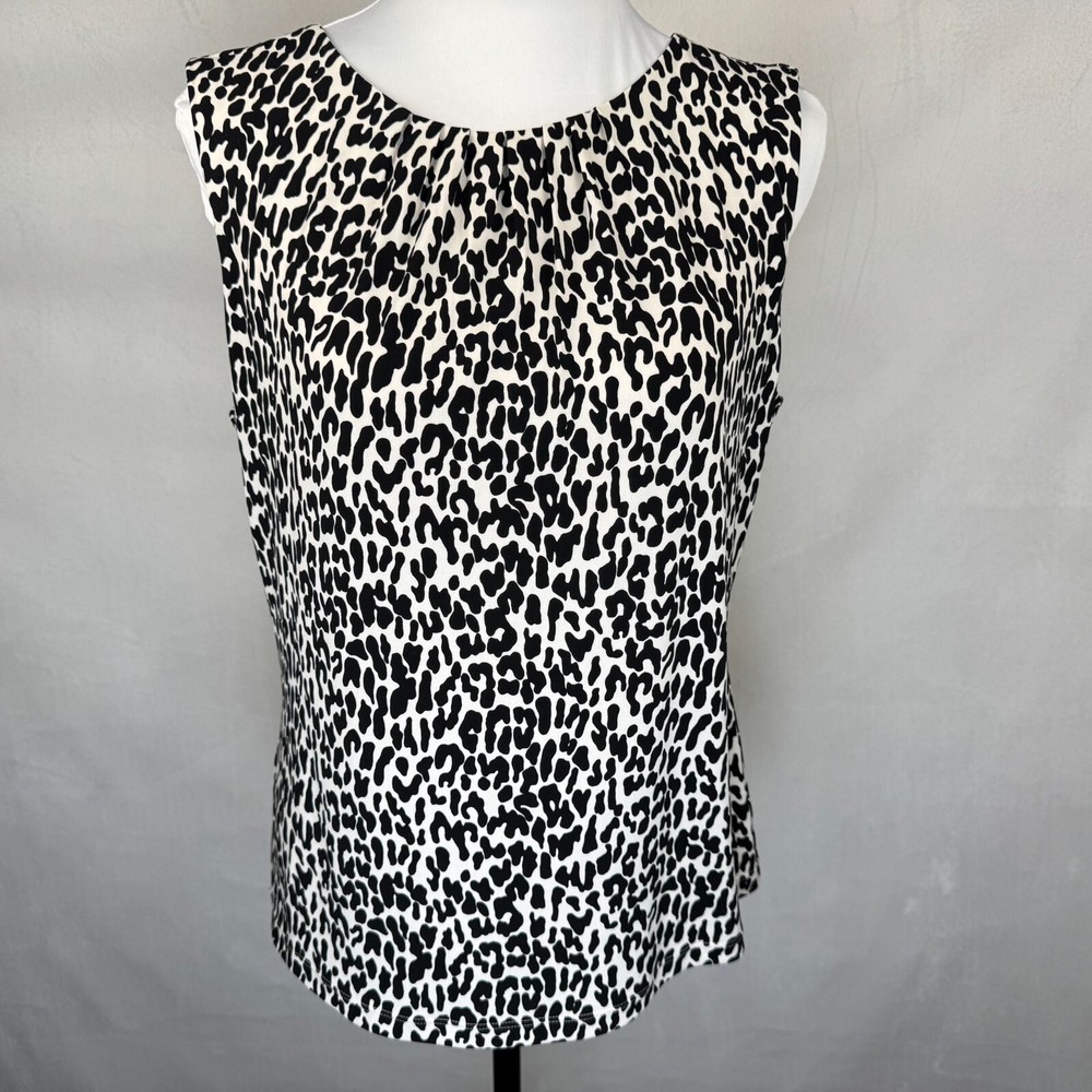 Calvin Klein Top Sz M Stretch Animal Print Pleated Front Crew Neck Sleeveless