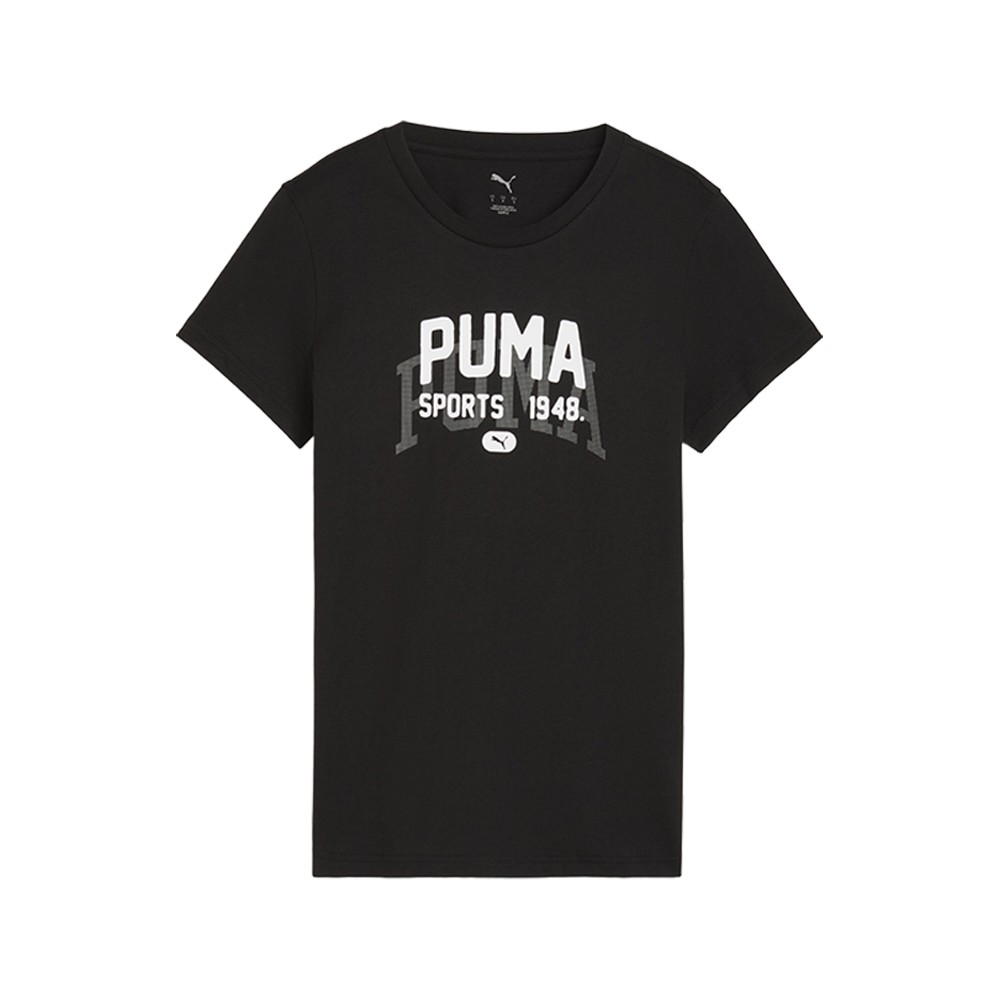 PUMA Graphic Varsity Logo Crew Neck Short Sleeve T-Shirt Womens Black Casual Top
