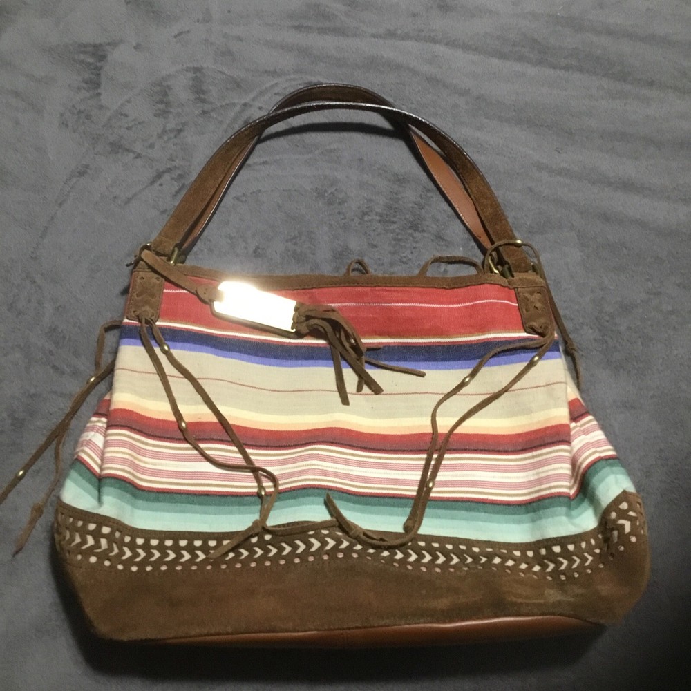 Lauren Ralph Lauren Multicolored Striped Canvas And Suede Satchel Hobo Bag Boho