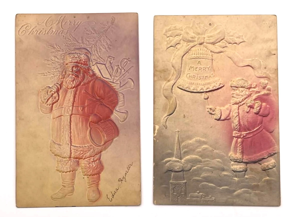 Antique Christmas Santa Airbrushed Embossed Postcards Set of 2 Bell Scene