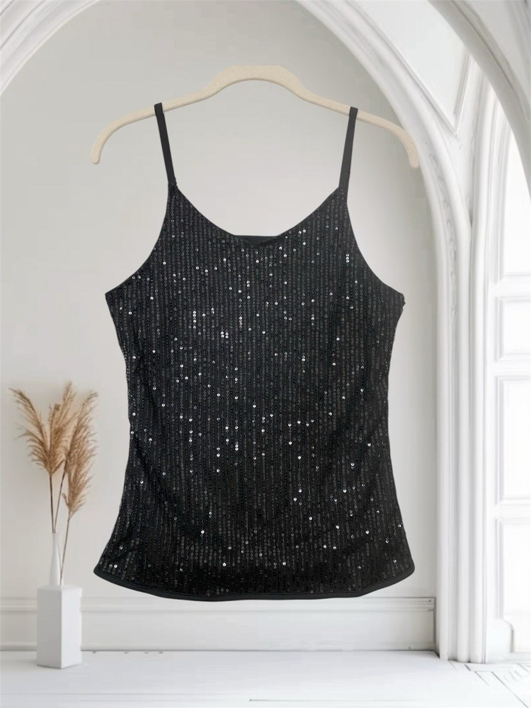 Women’s Black Sequin Cami Top Size Medium Sparkly Glam Y2K Party Whimsigoth
