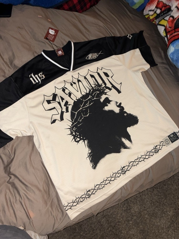 Jesus Graphic Print Jersey T-Shirt Black White Short Sleeve V-Neck Men's