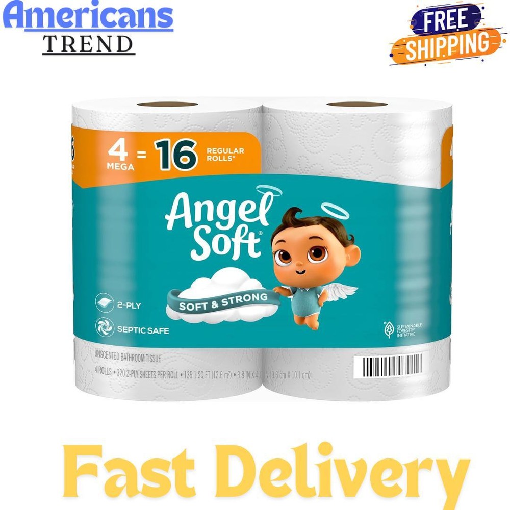 Angel Soft Toilet Paper, 4 Mega Rolls = 16 Regular Rolls, Soft and Strong Toilet